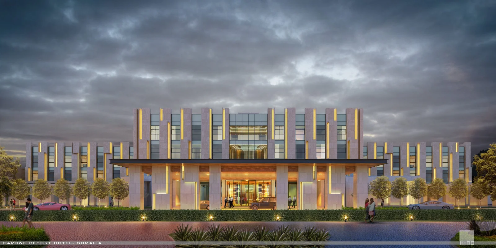 Garowe Resort, hotel entrance with vertical fins at dusk
